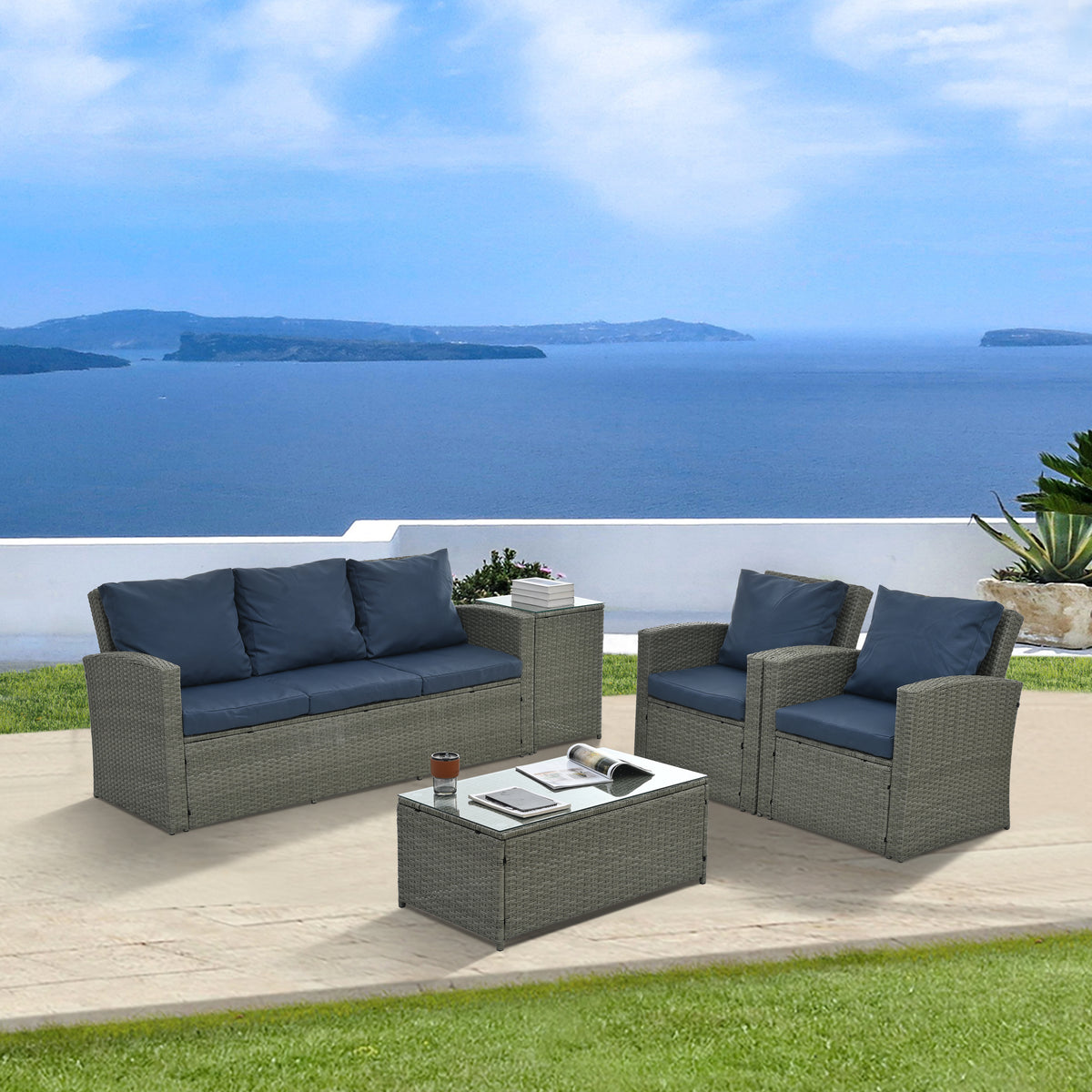 Patio Furniture, Outdoor Furniture, Seasonal Pe Wicker Furniture,5 Set Wicker Furniture With Tempered Glass Table Top Light Blue Pe Rattan Iron Waterproof Fabric