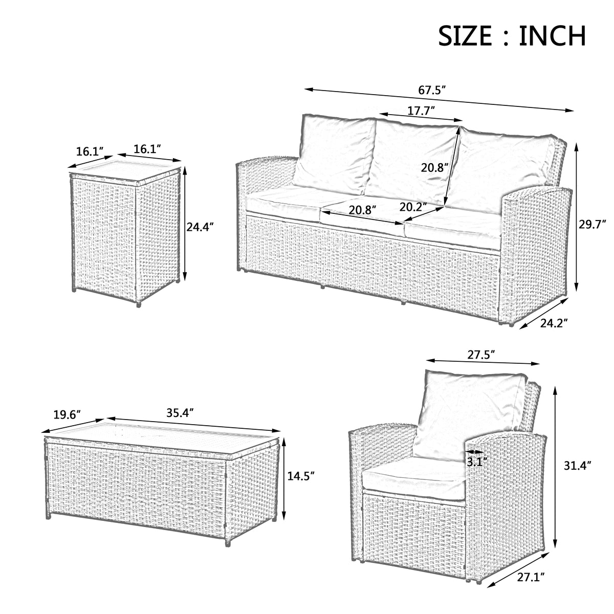 Patio Furniture, Outdoor Furniture, Seasonal Pe Wicker Furniture,5 Set Wicker Furniture With Tempered Glass Table Top Light Blue Pe Rattan Iron Waterproof Fabric