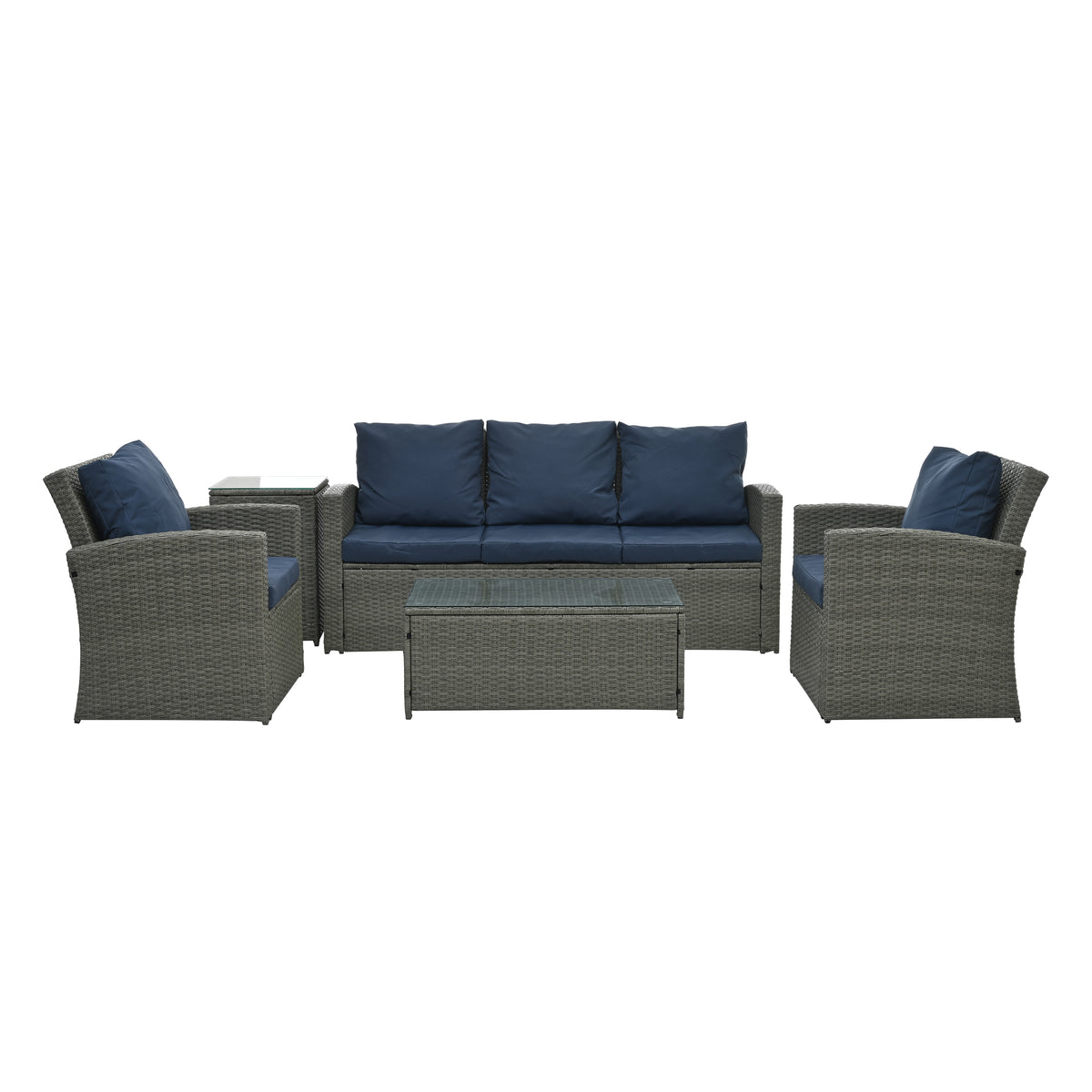 Patio Furniture, Outdoor Furniture, Seasonal Pe Wicker Furniture,5 Set Wicker Furniture With Tempered Glass Table Top Light Blue Pe Rattan Iron Waterproof Fabric
