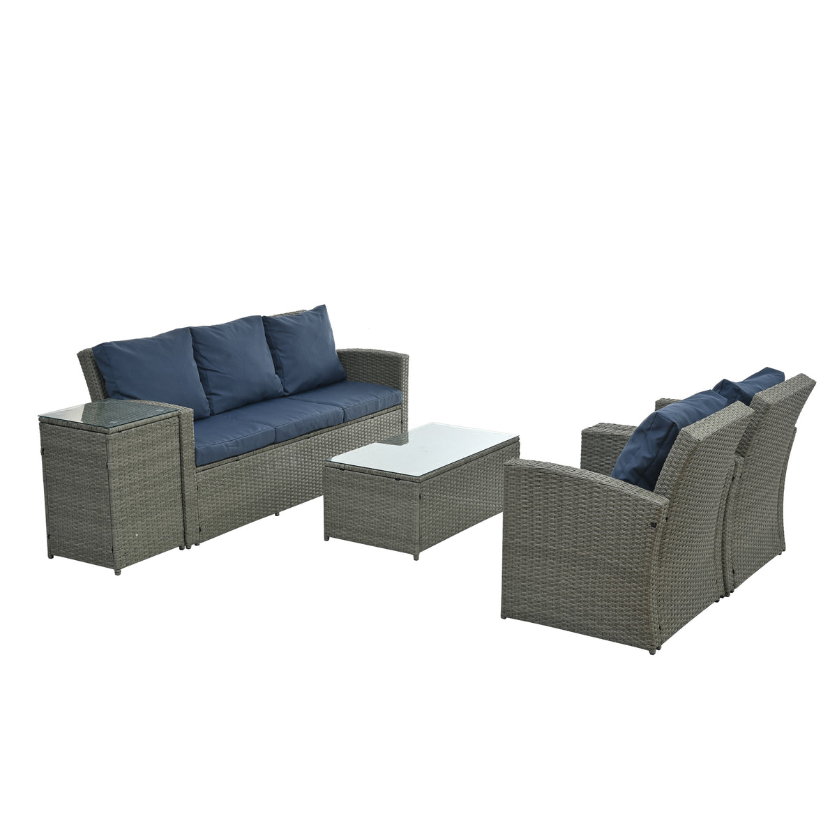 Patio Furniture, Outdoor Furniture, Seasonal Pe Wicker Furniture,5 Set Wicker Furniture With Tempered Glass Table Top Light Blue Pe Rattan Iron Waterproof Fabric