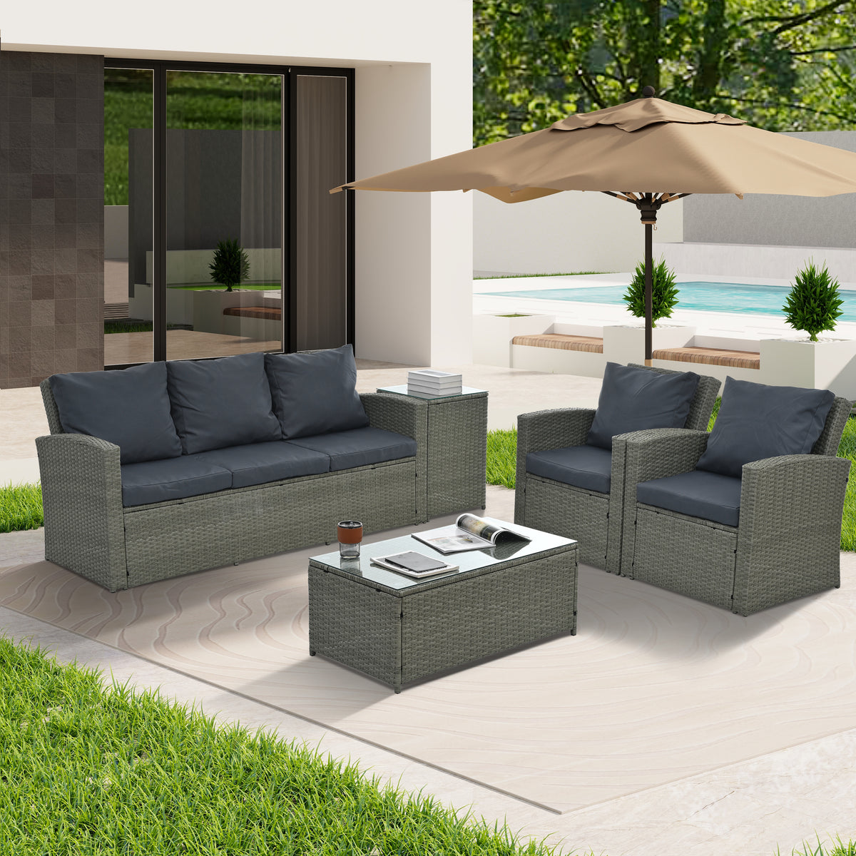 Patio Furniture, Outdoor Furniture, Seasonal Pe Wicker Furniture,5 Set Wicker Furniture With Tempered Glass Table Top Dark Gray Pe Rattan Iron Waterproof Fabric