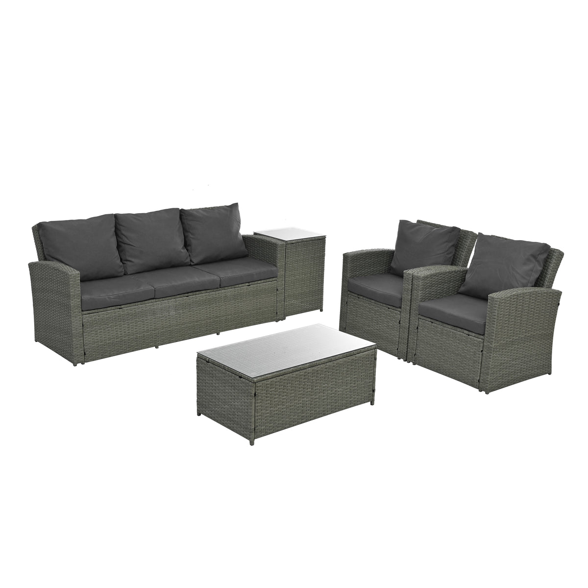 Patio Furniture, Outdoor Furniture, Seasonal Pe Wicker Furniture,5 Set Wicker Furniture With Tempered Glass Table Top Dark Gray Pe Rattan Iron Waterproof Fabric