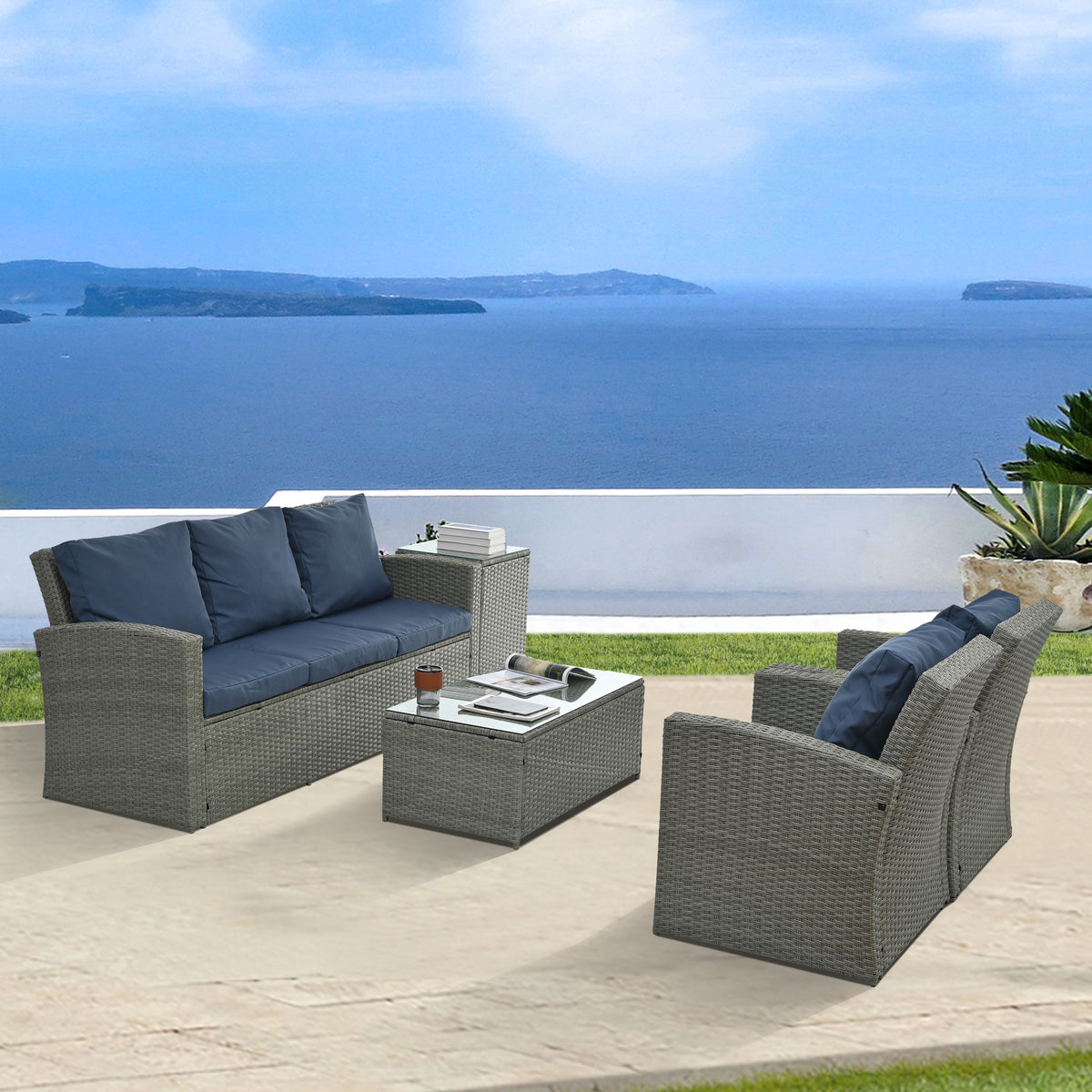 Patio Furniture, Outdoor Furniture, Seasonal Pe Wicker Furniture,5 Set Wicker Furniture With Tempered Glass Table Top Light Blue Pe Rattan Iron Waterproof Fabric