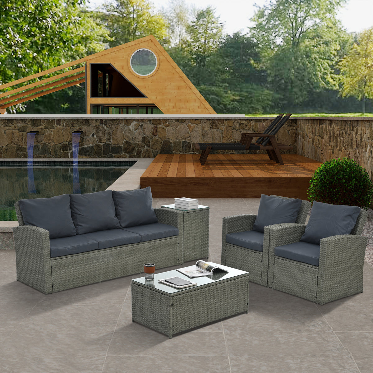 Patio Furniture, Outdoor Furniture, Seasonal Pe Wicker Furniture,5 Set Wicker Furniture With Tempered Glass Table Top Dark Gray Pe Rattan Iron Waterproof Fabric
