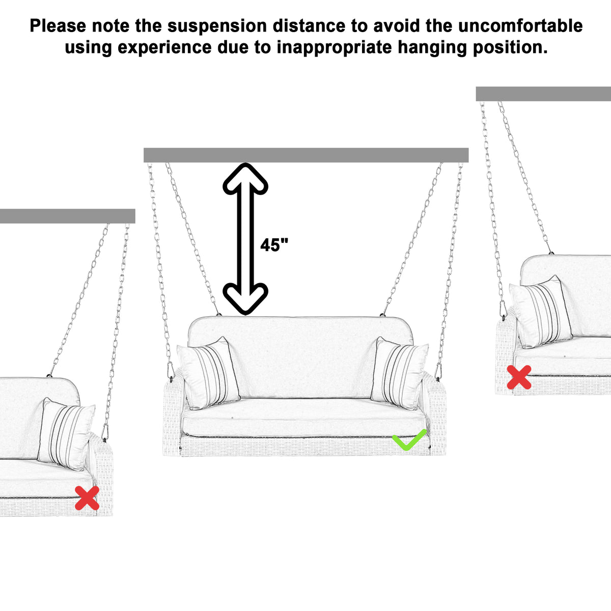 Pe Wicker Porch Swing, 2 Seater Hanging Bench With Chains, Patio Furniture Swing For Backyard Garden Poolside, White And Gray Grey White Foam Wicker