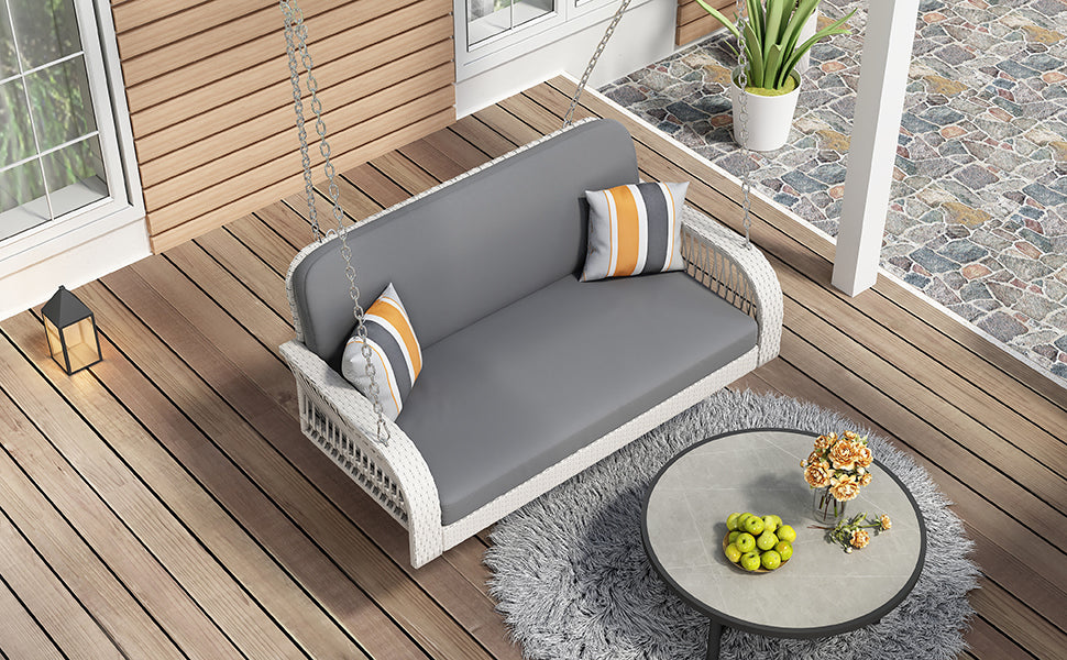 Pe Wicker Porch Swing, 2 Seater Hanging Bench With Chains, Patio Furniture Swing For Backyard Garden Poolside, White And Gray Grey White Foam Wicker
