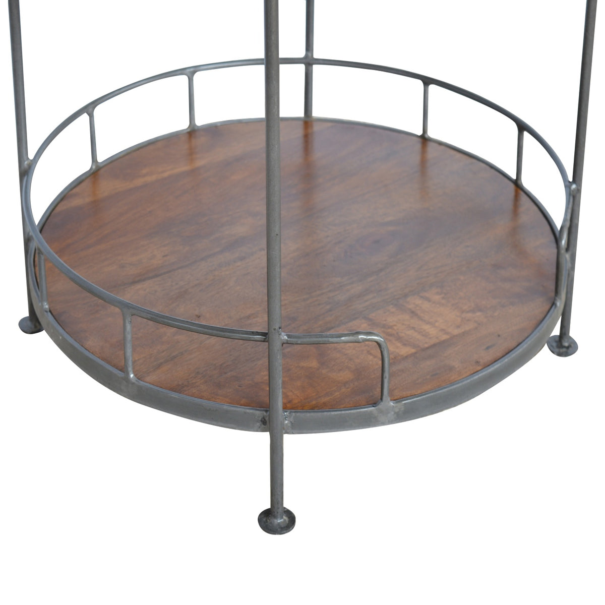 Industrial Round Butler Tray Table Chestnut Wood Metal