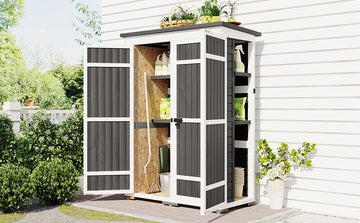 Outdoor 5.5Ft Hx4.1Ft L Wood Storage Shed, Garden Tool Cabinet With Waterproof Asphalt Roof, Four Lockable Doors, Multiple Tier Shelves, White And Gray White Gray Water Resistant Frame Garden &