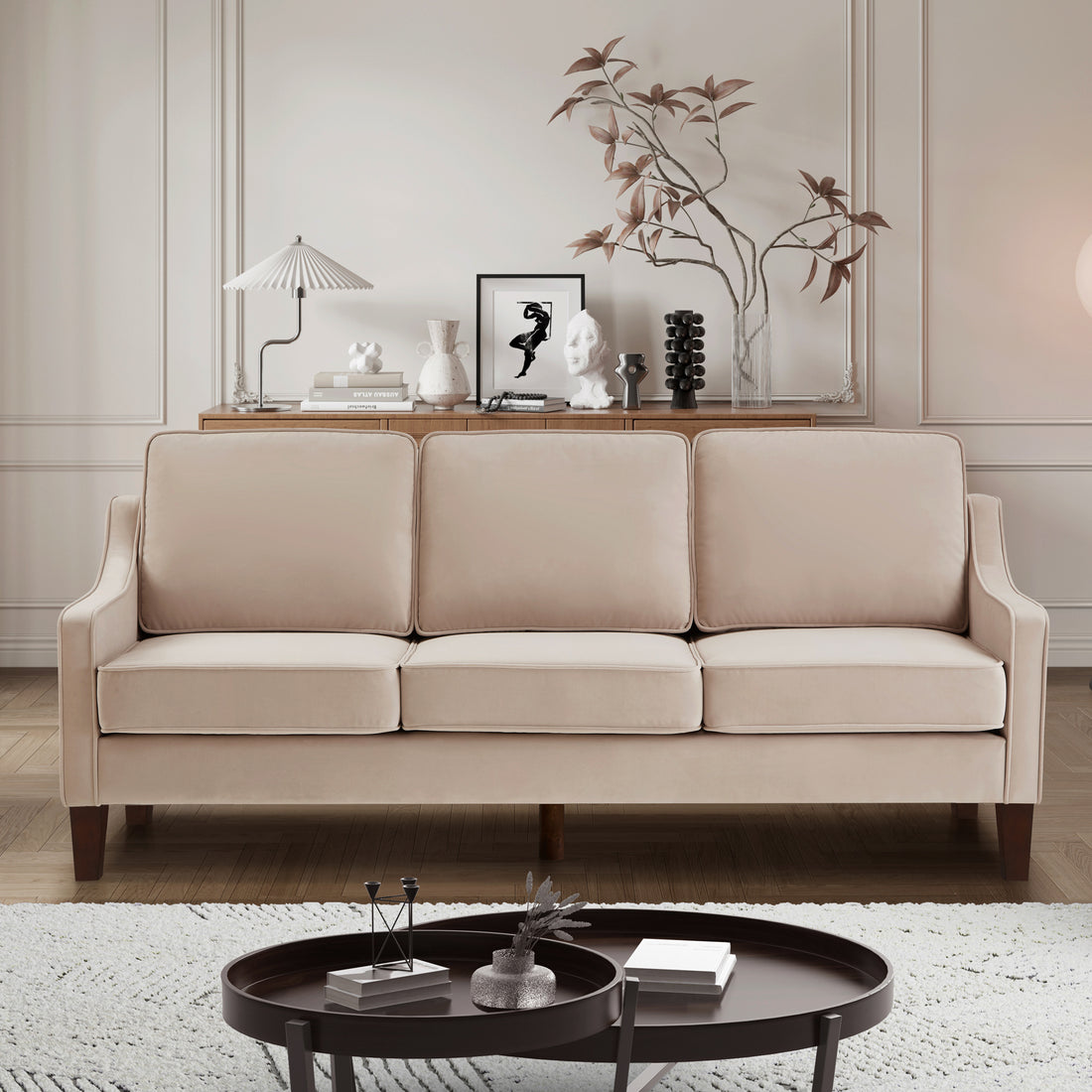 Modern 3 Person Seat Sofa Couch With Scooped Armrest Wood Legs,Upholstered Velvet 3 Seat Sofa With Removable Cushions For Livingroom Bedroom,Taupe Taupe Espresso Velvet Wood Primary Living Space Medium Soft Cushion Back American Design Rubberwood Square
