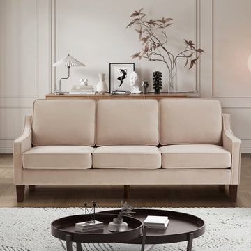 Modern 3 Person Seat Sofa Couch With Scooped Armrest Wood Legs,Upholstered Velvet 3 Seat Sofa With Removable Cushions For Livingroom Bedroom,Taupe Taupe Espresso Velvet Wood Primary Living Space Medium Soft Cushion Back American Design Rubberwood Square