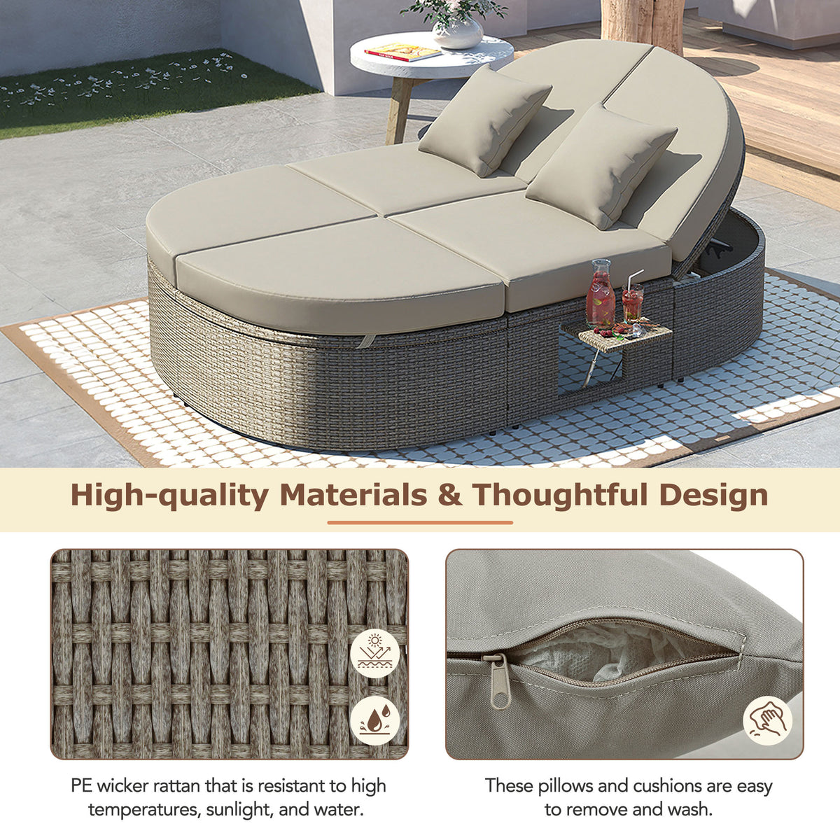 Outdoor Sun Bed Patio 2 Person Daybed With Cushions And Pillows, Rattan Garden Reclining Chaise Lounge With Adjustable Backrests And Foldable Cup Trays For Lawn,Poolside, Gray Yes Complete Patio Set Gray Weather Resistant Frame Water Resistant Cushion