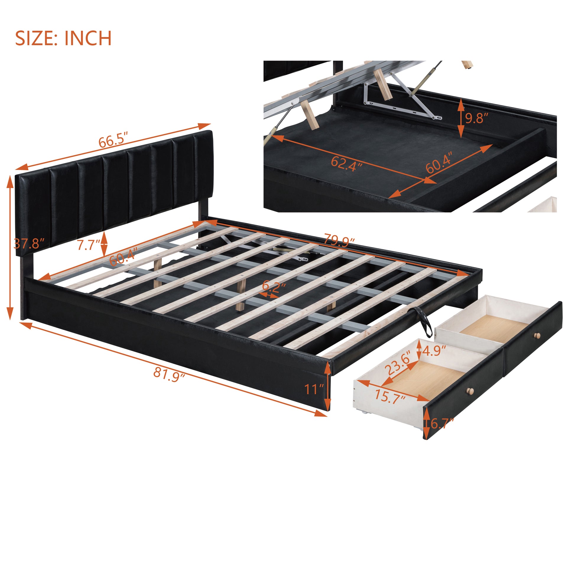 Queen Size Upholstered Bed With Hydraulic Storage System And Drawer, Black Black Pu Leather