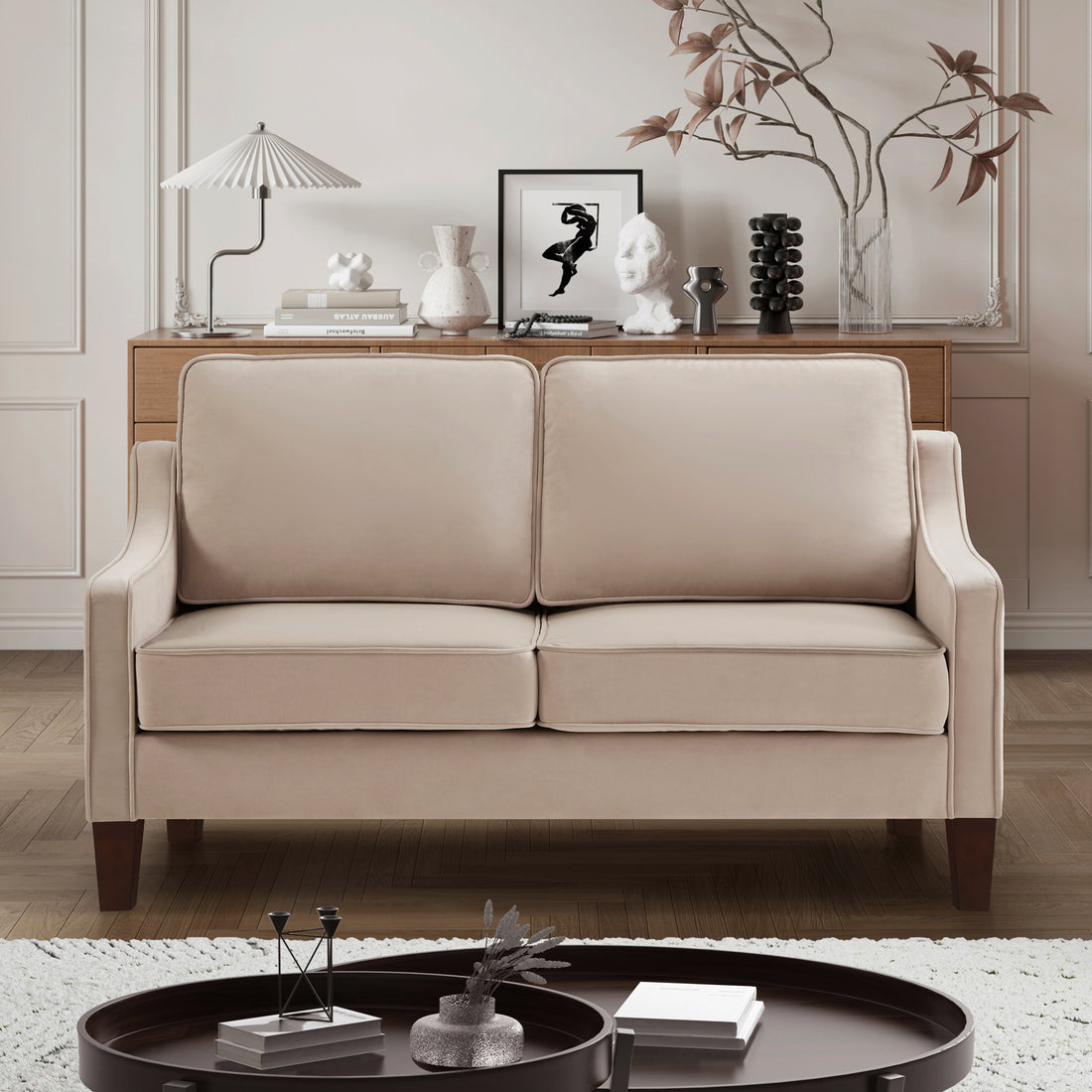 Modern Loveseat Sofa For Living Room, Upholstered Velvet Small Couch With Wooden Legs For Livingroom Bedroom, Taupe Taupe Espresso Velvet Wood Primary Living Space Medium Soft Cushion Back American Design Rubberwood Square Arms Foam Velvet 2 Seat