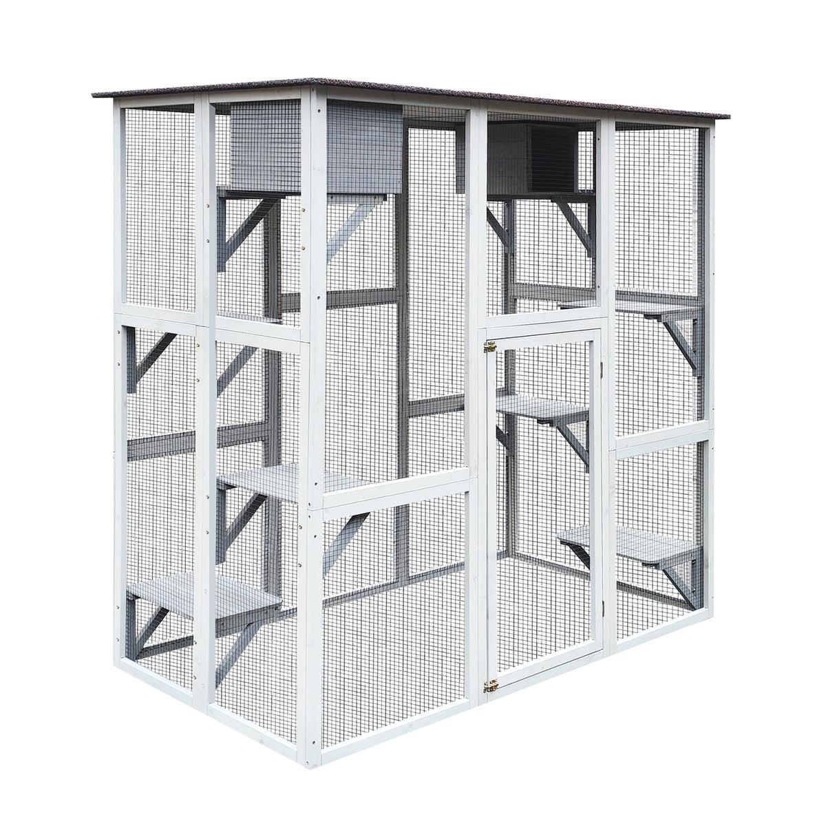 Wooden Catio Cat Enclosure, 71" Cat House Weatherproof Asphalt Roof, Large Solid Wood Cat Cage Playpen With 8 Jumping Platforms & 2 Napping Houses, Walk In Cat Kennel Condo Shelter Gray Wood
