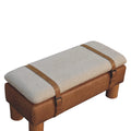 Strapped Cyclinder Bench Tan Leather Wood Fabric