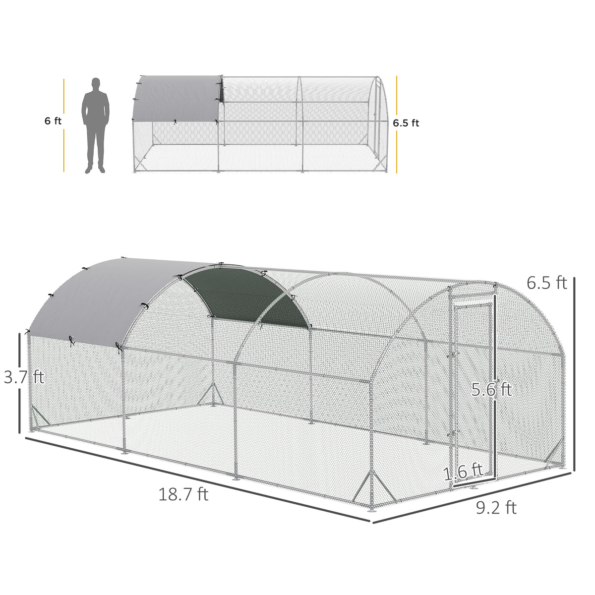 Pawhut Large Chicken Coop Metal Chicken Run With Waterproof And Anti Uv Cover, Dome Shaped Walk In Fence Cage Hen House For Outdoor And Yard Farm Use, 1" Tube Diameter, 9.2' X 18.7' X 6.5' Silver Steel