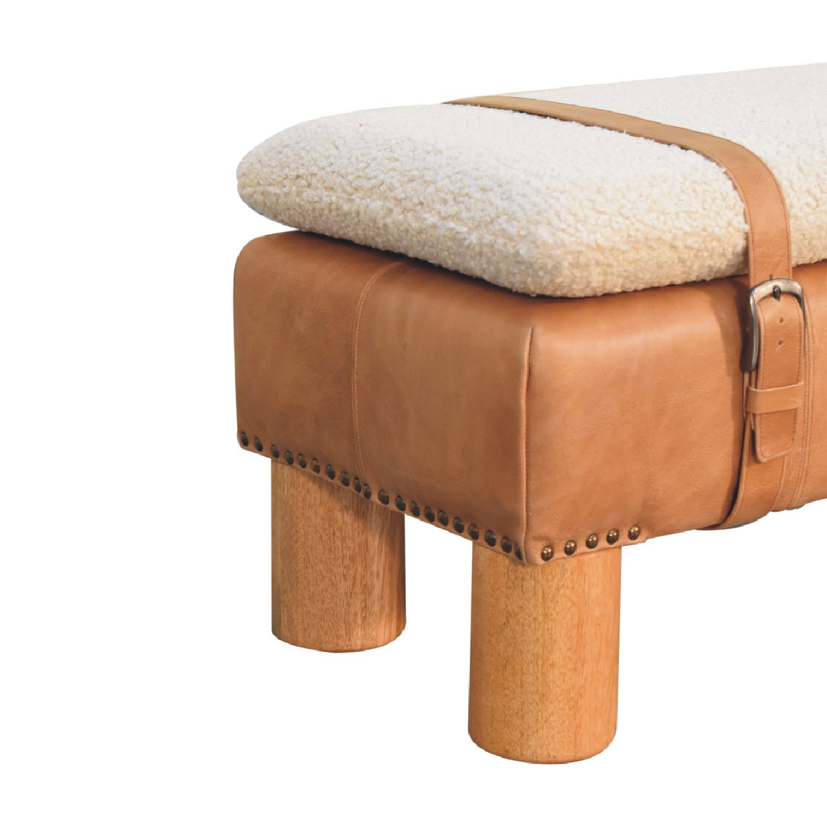 Strapped Cyclinder Bench Tan Leather Wood Fabric