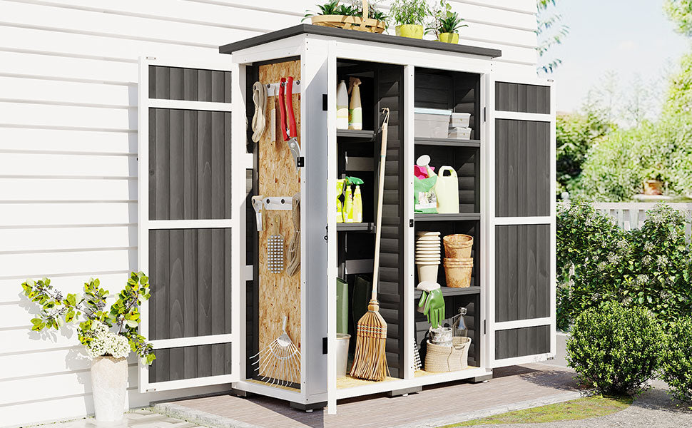 Outdoor 5.5Ft Hx4.1Ft L Wood Storage Shed, Garden Tool Cabinet With Waterproof Asphalt Roof, Four Lockable Doors, Multiple Tier Shelves, White And Gray White Gray Water Resistant Frame Garden &