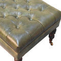 Buffalo Green Leather Ottoman With Castor Legs Green Leather Solid Wood
