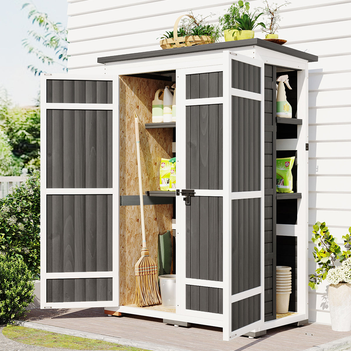 Outdoor 5.5Ft Hx4.1Ft L Wood Storage Shed, Garden Tool Cabinet With Waterproof Asphalt Roof, Four Lockable Doors, Multiple Tier Shelves, White And Gray White Gray Water Resistant Frame Garden &