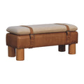 Strapped Cyclinder Bench Tan Leather Wood Fabric