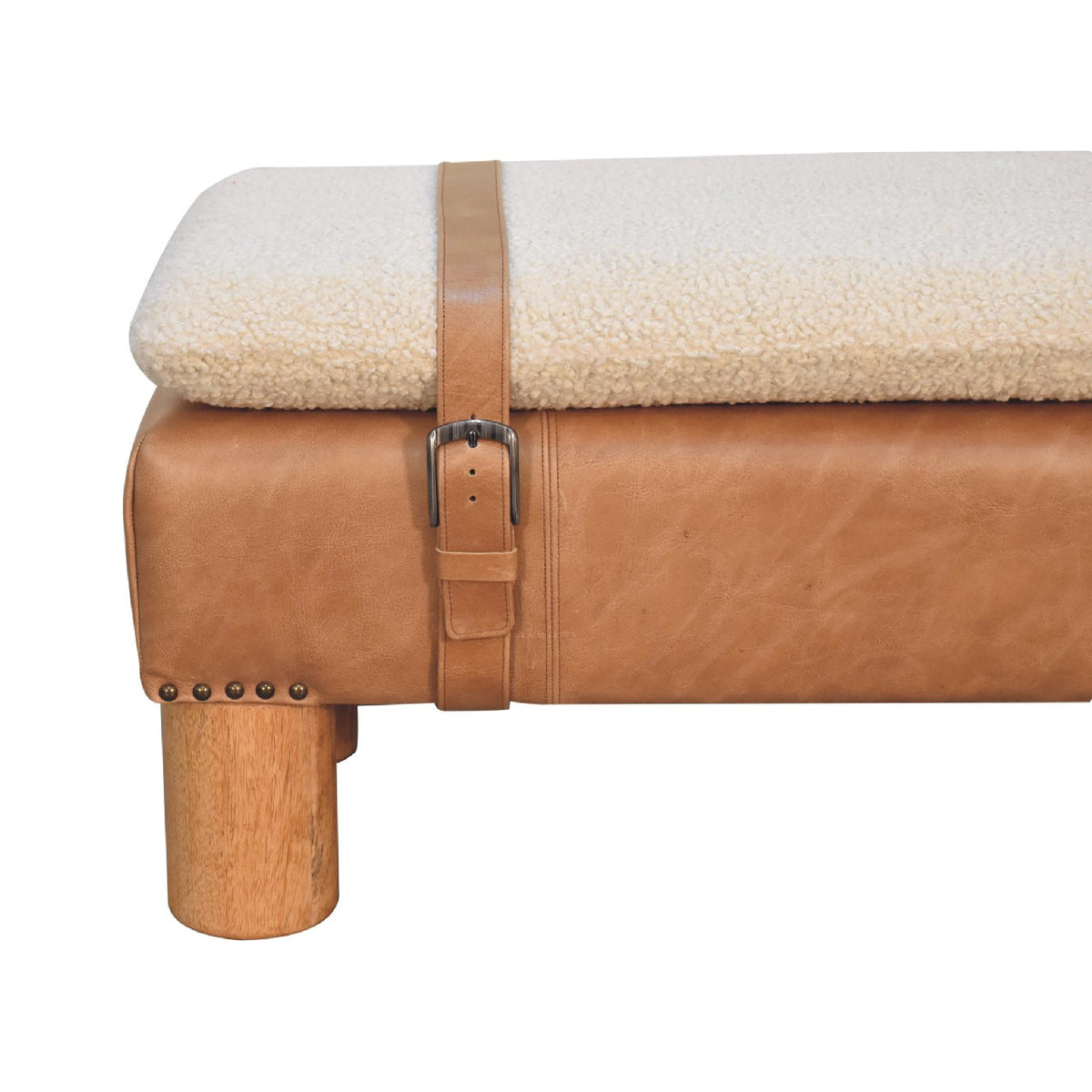 Strapped Cyclinder Bench Tan Leather Wood Fabric