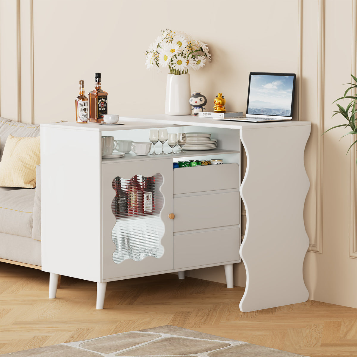 41" 79" Led L Shaped Modern Farmhouse Sideboard Buffet Cabinet, Wood Buffet Storage Cabinet With Drawers & Shelves, Large Coffee Bar Cabinet With Storage, Microwave Stand For Kitchen, Dining Room White Dining Room Modern Mdf