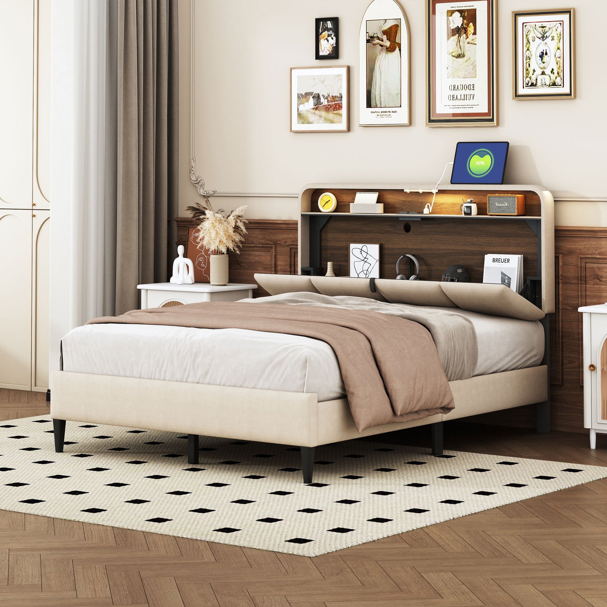 Full Size Upholstered Platform Bed With Storage Headboard, Sensor Light And A Set Of Sockets And Usb Ports, Linen Fabric, Beige Beige Linen