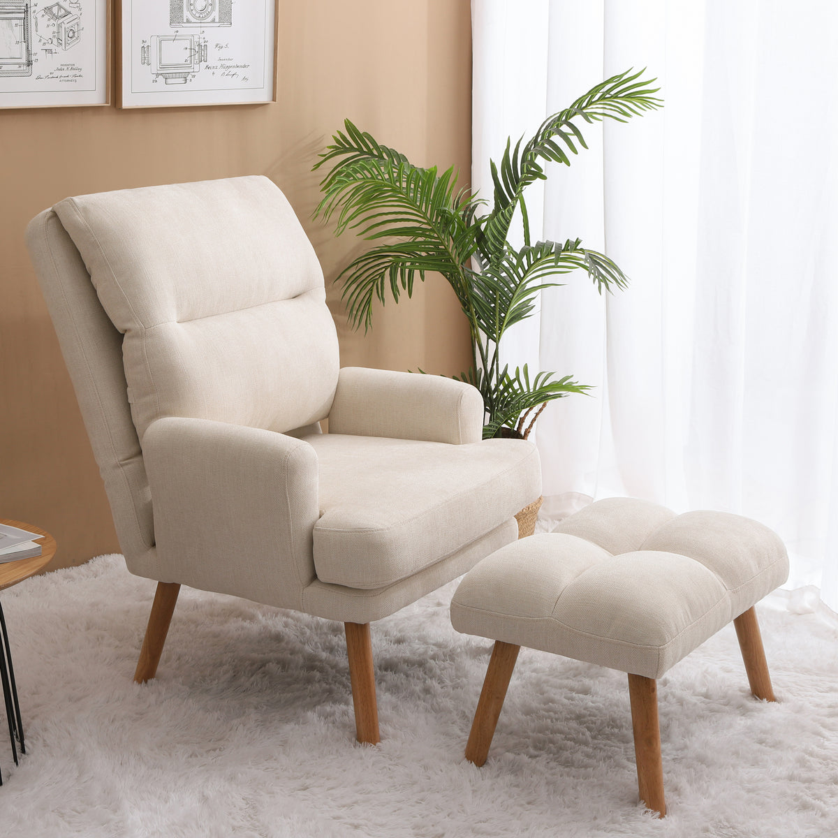Accent Chair With Ottoman Set, Fabric Armchair With Wood Legs And Adjustable Backrestmid Century Modern Comfy Lounge Chair For Living Room, Bedroom, Reading Room And Study Beige Textile 1 Seat