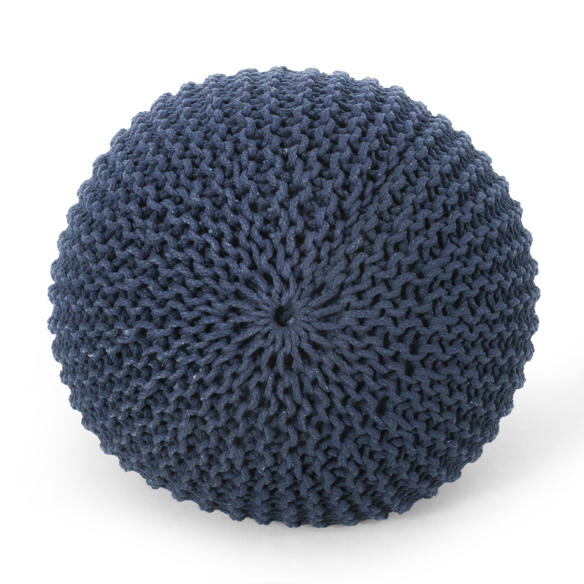 Bordeaux Knitted Cotton Round Pouf, Navy Blue Navy Blue Cotton