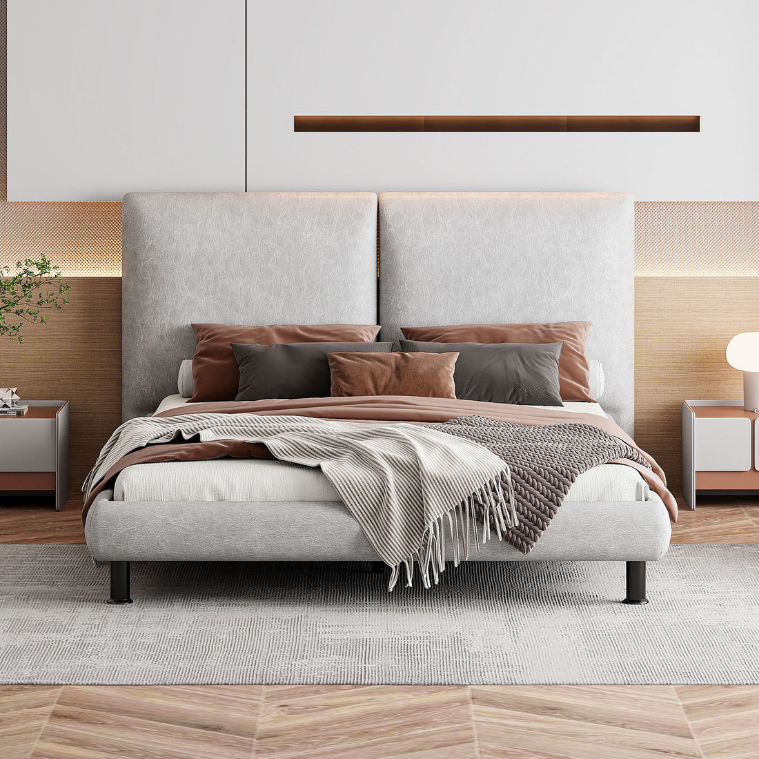 Queen Size Upholstered Platform Bed With Two Large Headrests And Thick Fabric, Polyester, Beige Beige Polyester