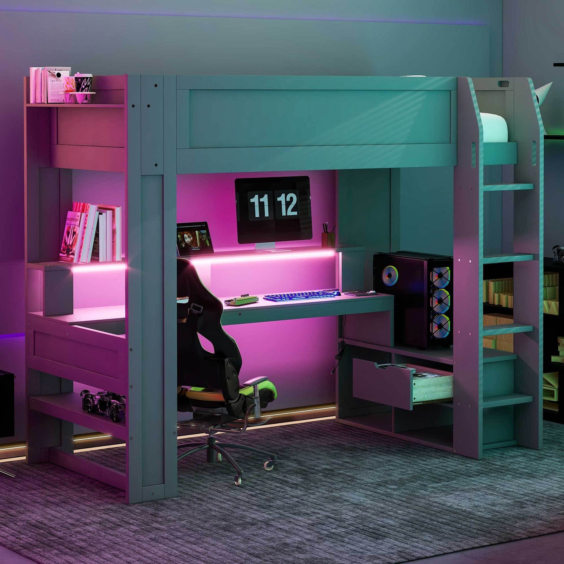 Wood Twin Size Gaming Loft Bed With Desk, Multi Storage Shelves, Led And Charging Station, Dark Gray Box Spring Not Required Twin Dark Gray Wood Bedroom Bed Frame Solid Wood Mdf