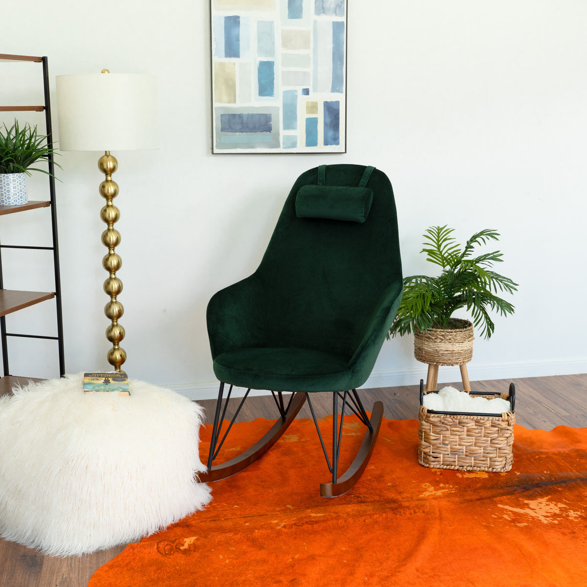 Chloe Mid Century Modern Rocker Livingroom And Bedroom Chair Green Velvet