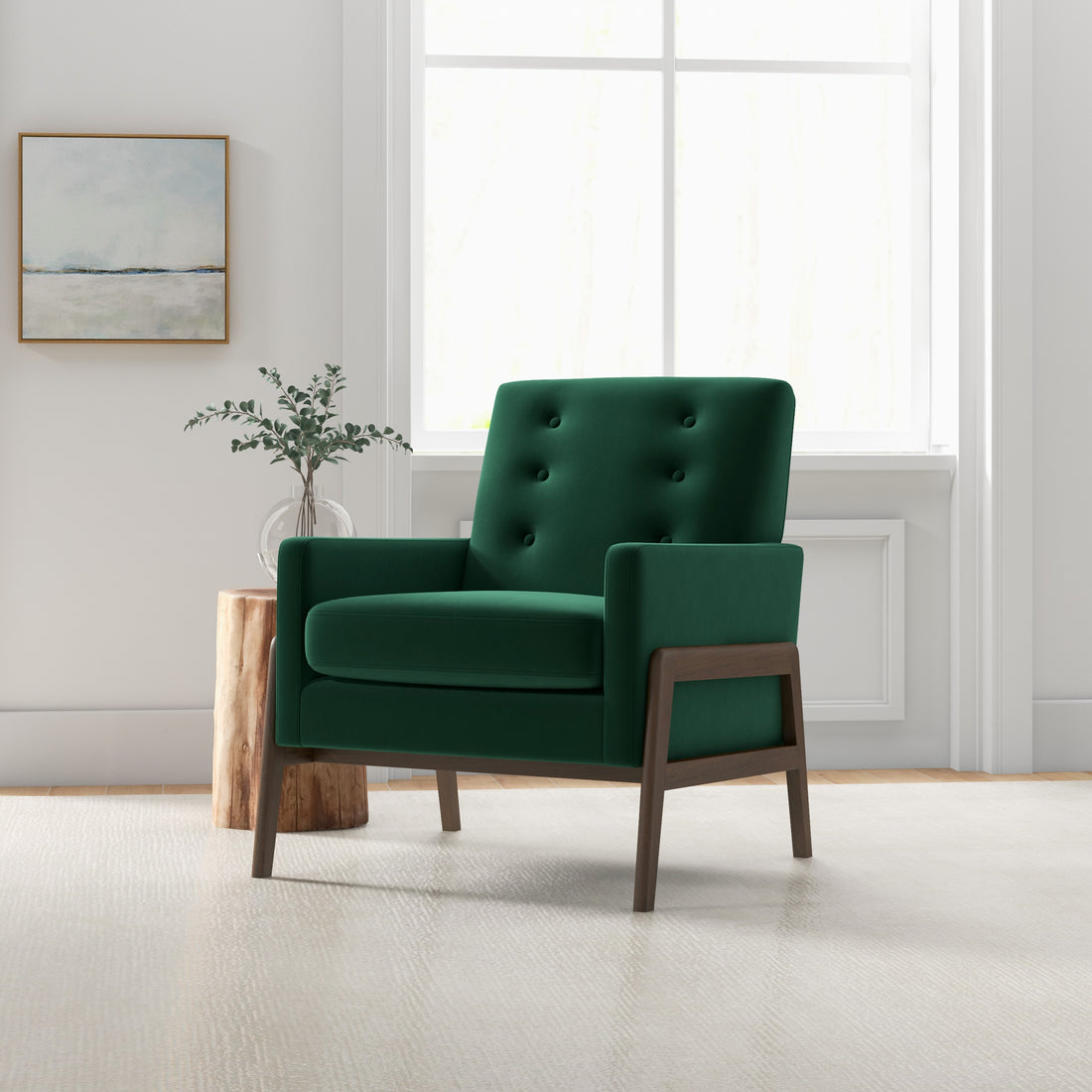 Cole Solid Wood Lounge Chair Green Fabric