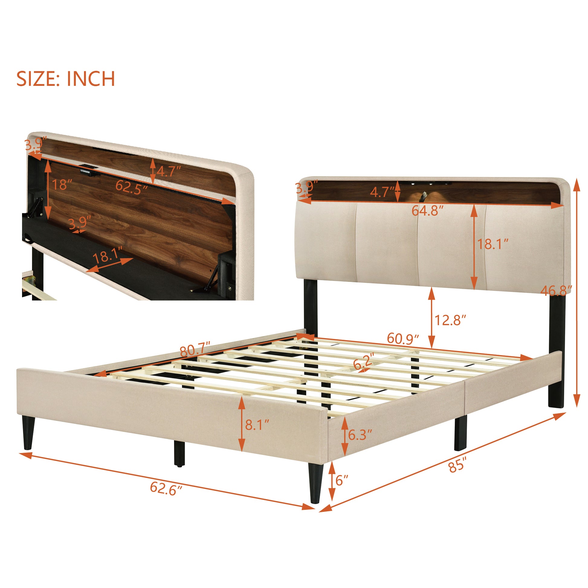 Queen Size Upholstered Platform Bed With Storage Headboard, Sensor Light And A Set Of Sockets And Usb Ports, Linen Fabric, Beige Beige Linen