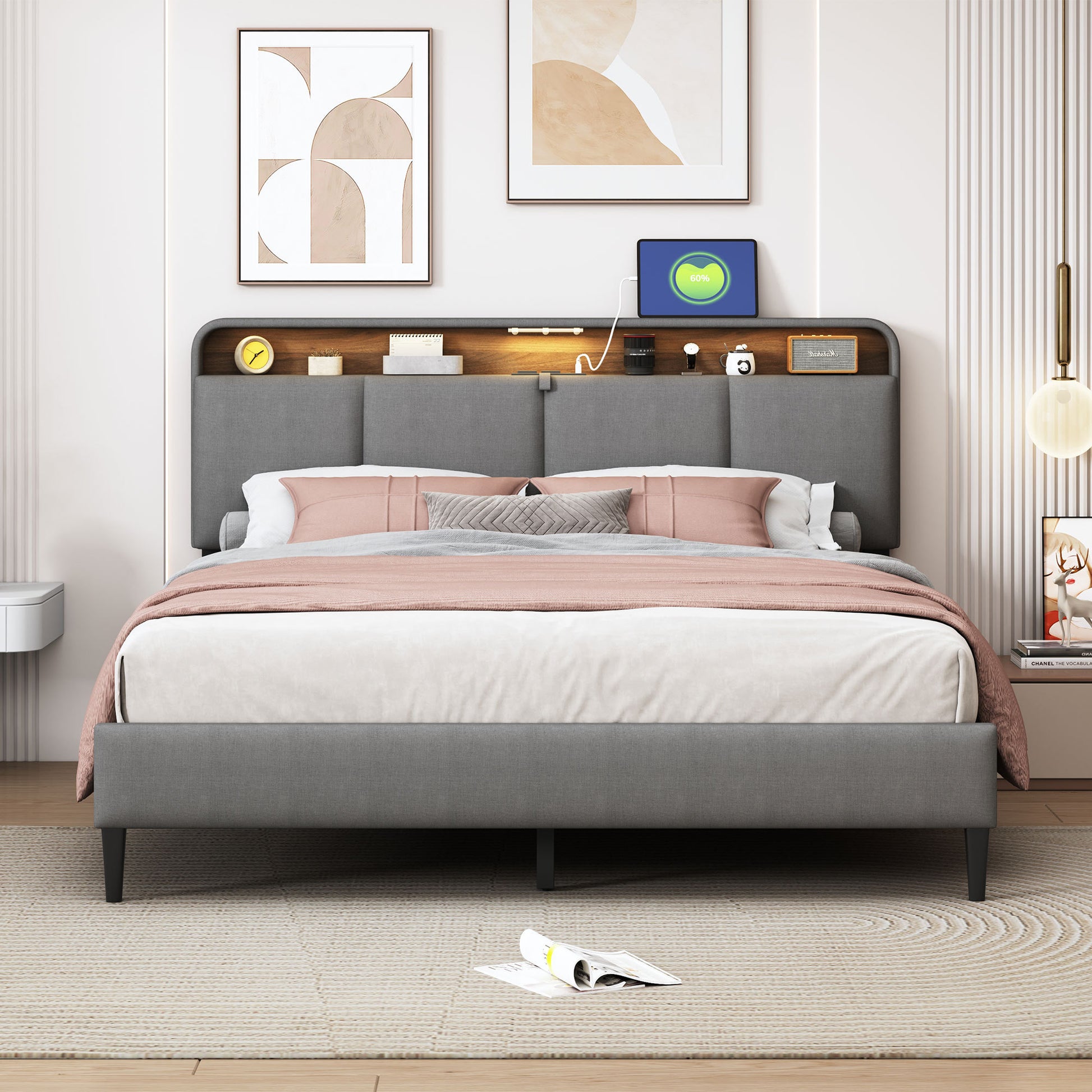Queen Size Upholstered Platform Bed With Storage Headboard, Sensor Light And A Set Of Sockets And Usb Ports, Linen Fabric, Gray Gray Linen