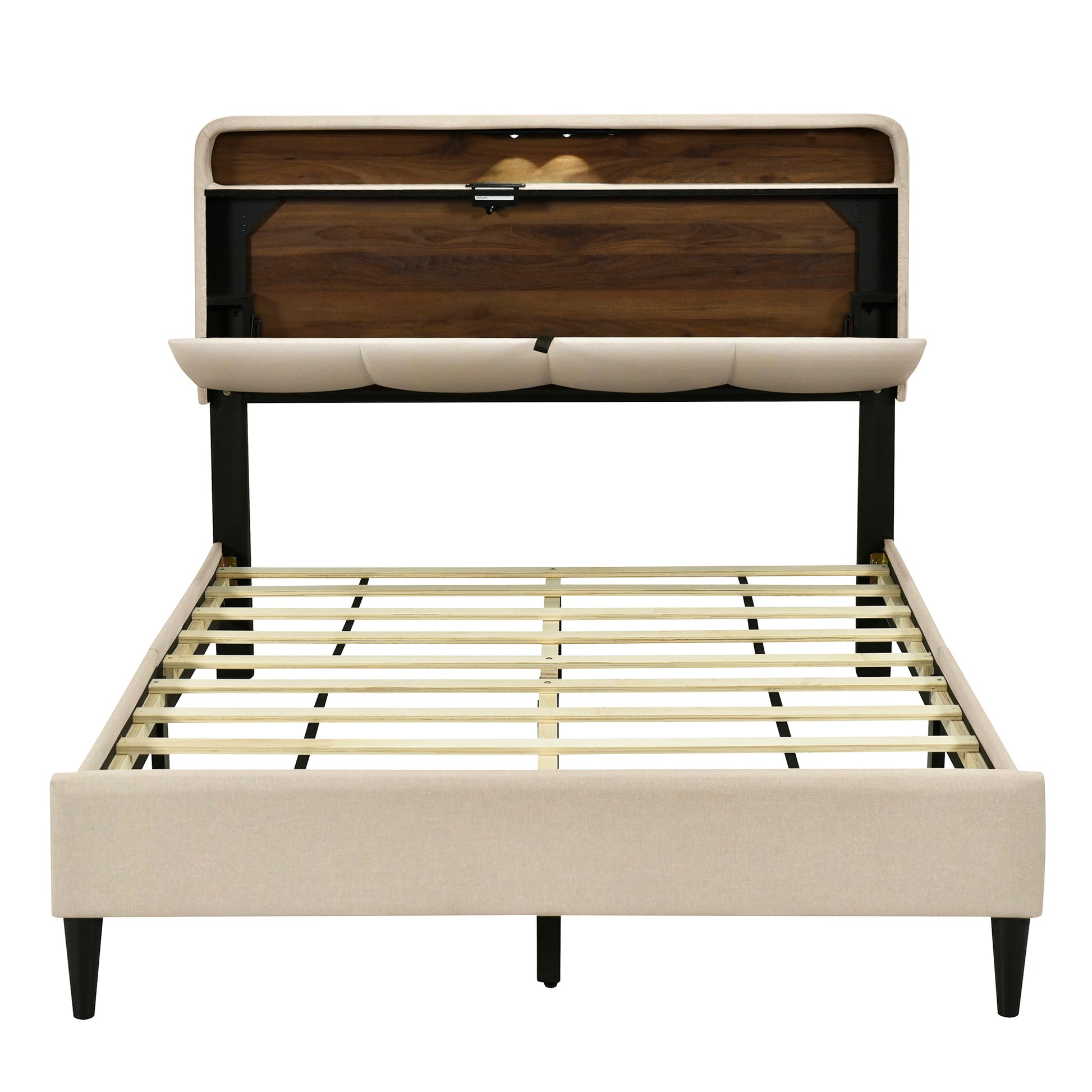 Full Size Upholstered Platform Bed With Storage Headboard, Sensor Light And A Set Of Sockets And Usb Ports, Linen Fabric, Beige Beige Linen