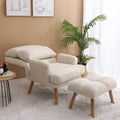 Accent Chair With Ottoman Set, Fabric Armchair With Wood Legs And Adjustable Backrestmid Century Modern Comfy Lounge Chair For Living Room, Bedroom, Reading Room And Study Beige Textile 1 Seat