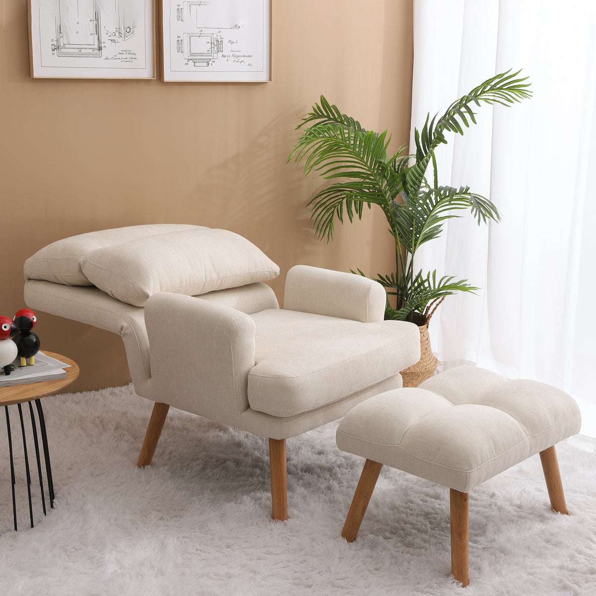 Accent Chair With Ottoman Set, Fabric Armchair With Wood Legs And Adjustable Backrestmid Century Modern Comfy Lounge Chair For Living Room, Bedroom, Reading Room And Study Beige Textile 1 Seat