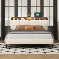 Queen Size Upholstered Platform Bed With Storage Headboard, Sensor Light And A Set Of Sockets And Usb Ports, Linen Fabric, Beige Beige Linen
