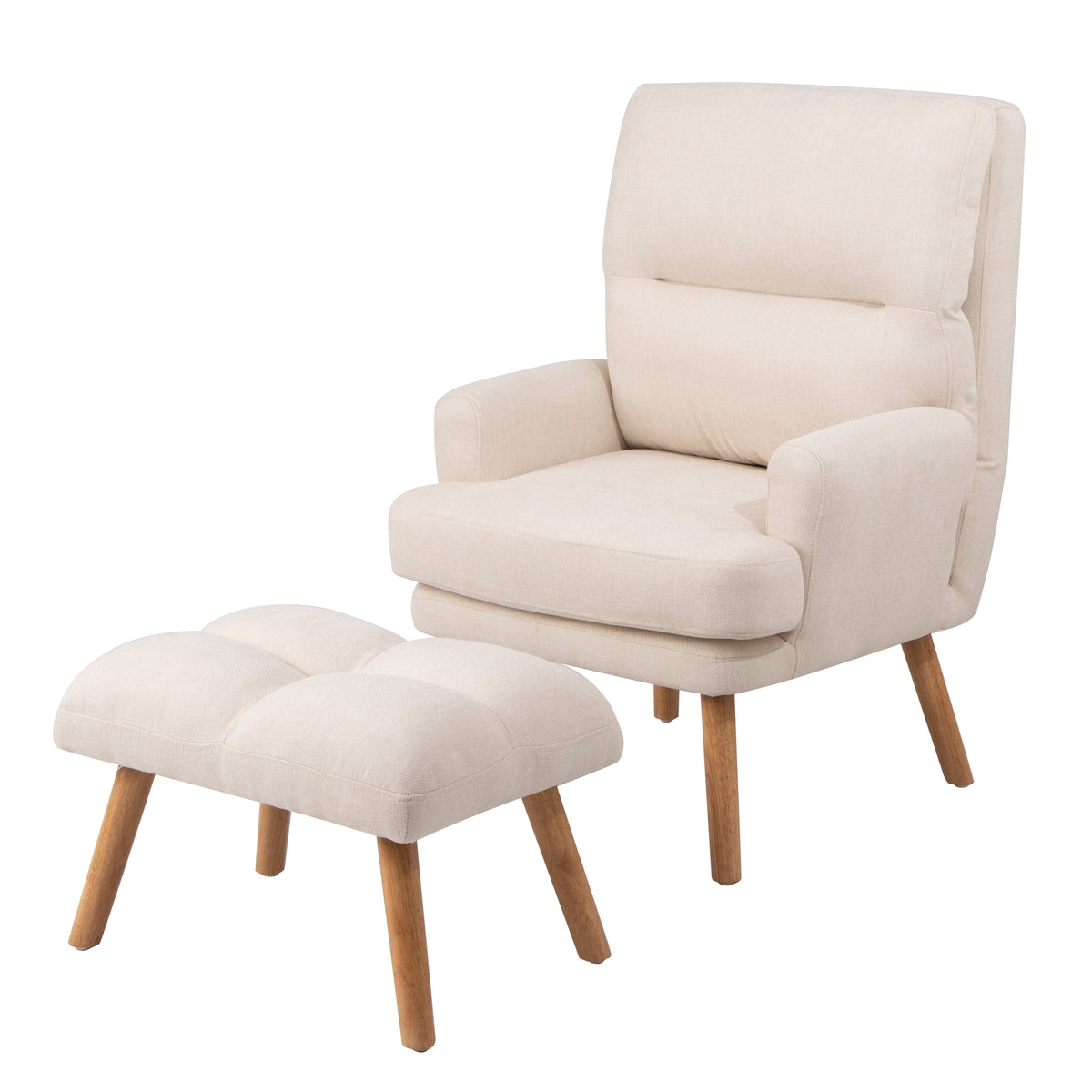 Accent Chair With Ottoman Set, Fabric Armchair With Wood Legs And Adjustable Backrestmid Century Modern Comfy Lounge Chair For Living Room, Bedroom, Reading Room And Study Beige Textile 1 Seat