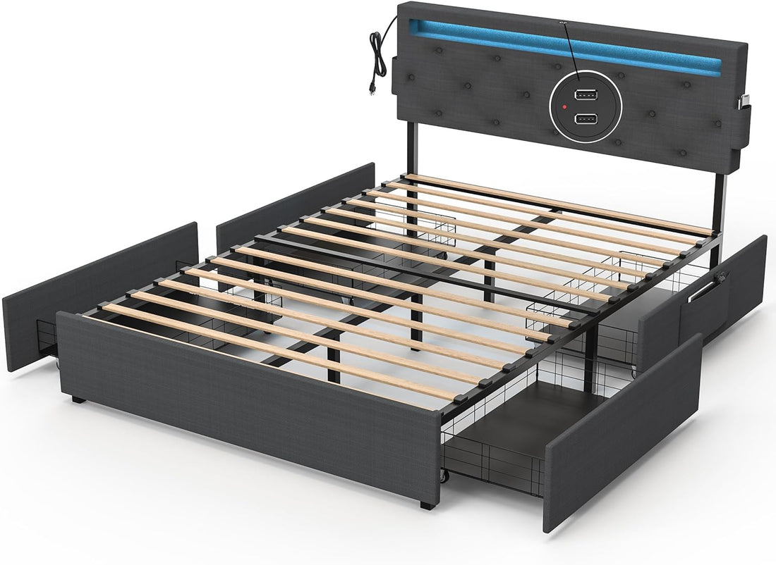 Queen Bed Frame With Usb Charging Station & Led Lights, Queen Bed Frame With Headboard & 4 Storage Drawers, D Box Spring Not Required Queen Dark Gray Metal Bedroom Contemporary Bed Frame Foam Linen Upholstered