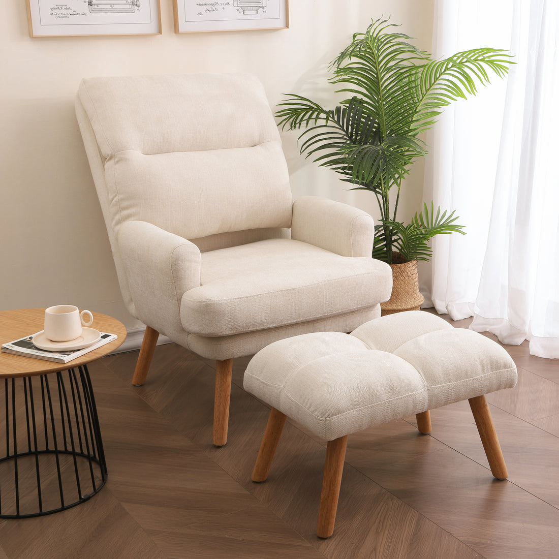 Accent Chair With Ottoman Set, Fabric Armchair With Wood Legs And Adjustable Backrestmid Century Modern Comfy Lounge Chair For Living Room, Bedroom, Reading Room And Study Beige Textile 1 Seat