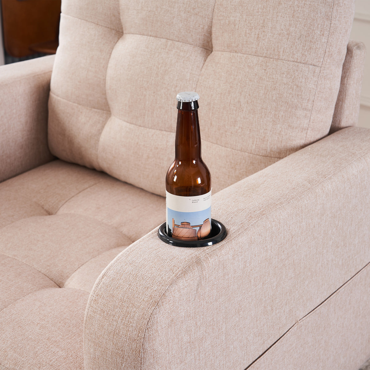 Beige Upholstered Armchair And Storage Ottoman Set Comfortable Single Sofa With Cup Holders And Tufted Detailing, Ideal For Living Room Or Bedroom Beige Metal