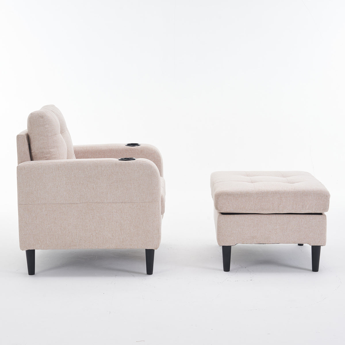 Beige Upholstered Armchair And Storage Ottoman Set Comfortable Single Sofa With Cup Holders And Tufted Detailing, Ideal For Living Room Or Bedroom Beige Metal