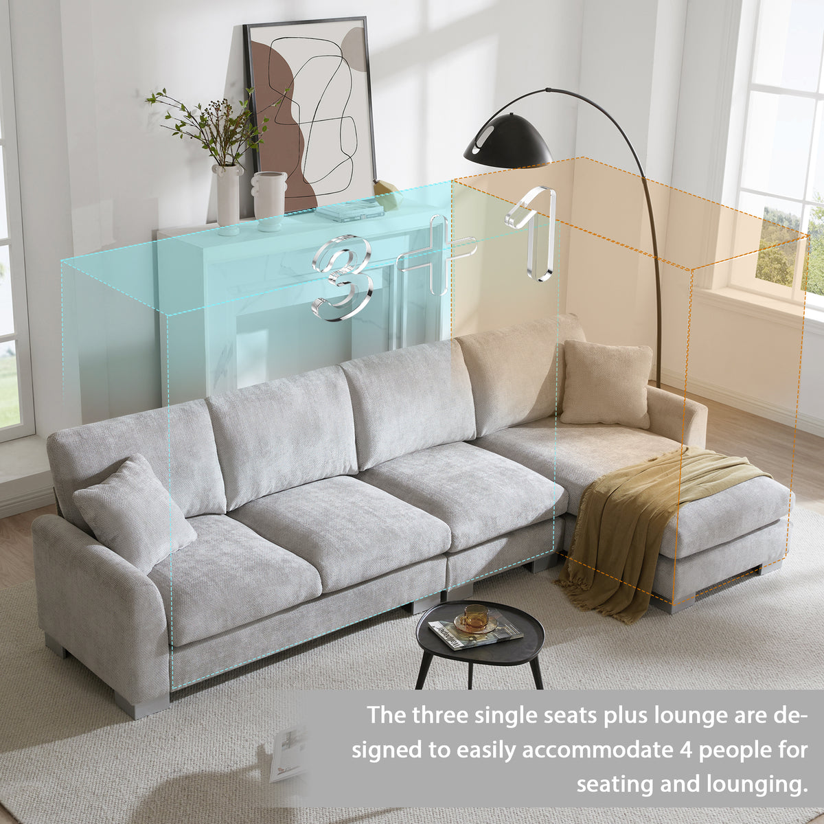 119*55" Modern Oversized Sectional Sofa,L Shaped Luxury Couch Set With 2 Free Pillows,5 Seat Chenille Indoor Furniture With Chaise For Living Room,Apartment,Office,2 Colors Light Gray Chenille 5 Seat