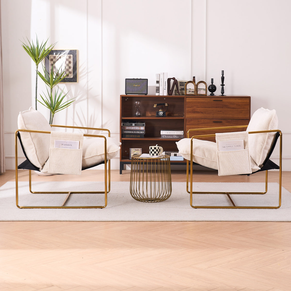 2 Chairs In 1 Box, Upholstered Hanging Armchair With Arm Pocketsmetal Frame, Gold Plated Craftsman, Crushed Foam Cushions And Skin Friendly Woven Fabric For Living Room And Bedroom. Beige Beige Metal