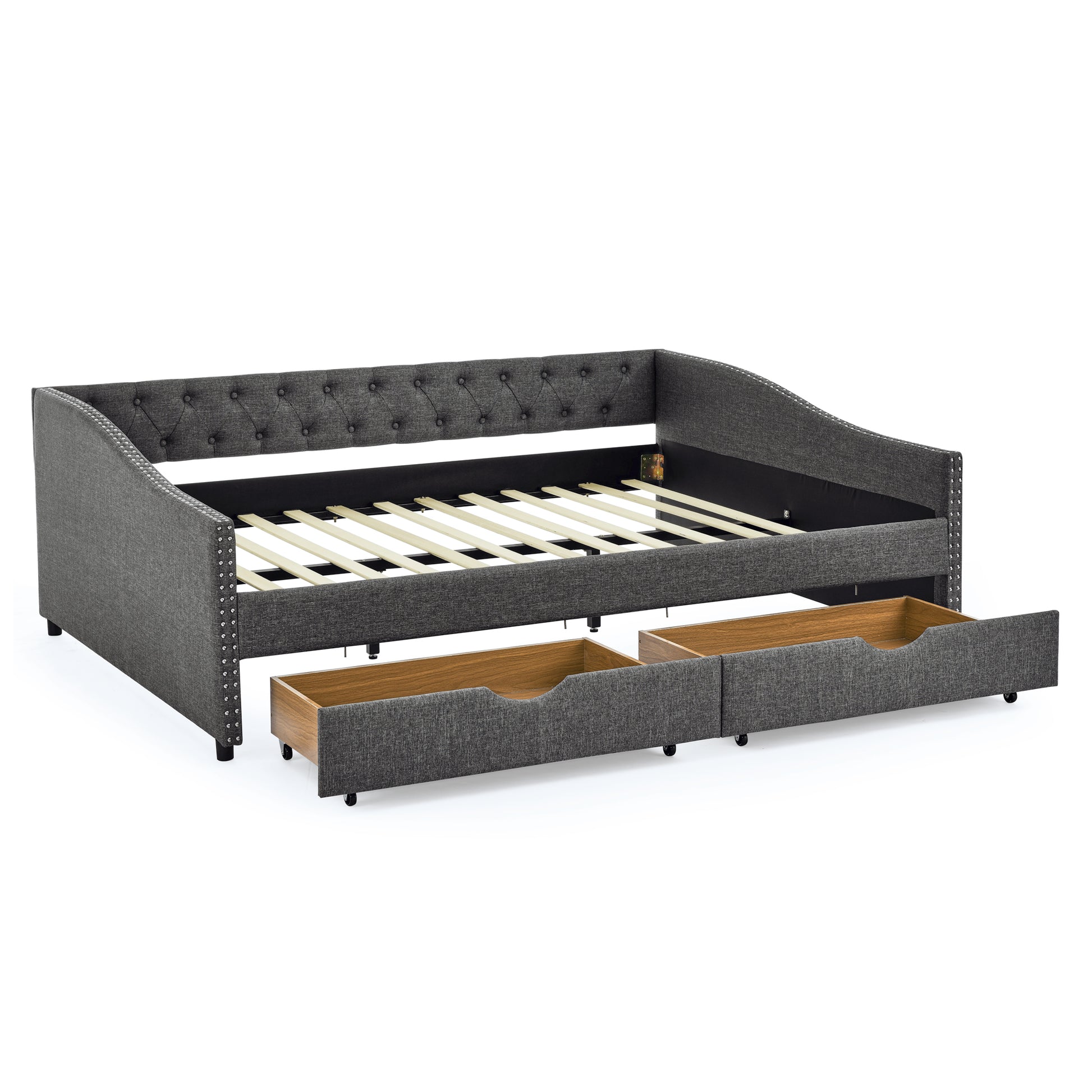 Queen Size Daybed With Drawers Upholstered Tufted Sofa Bed,With Button On Back And Copper Nail On Waved Shape Arms 84.5"X63.5"X26.5" Dark Grey Linen