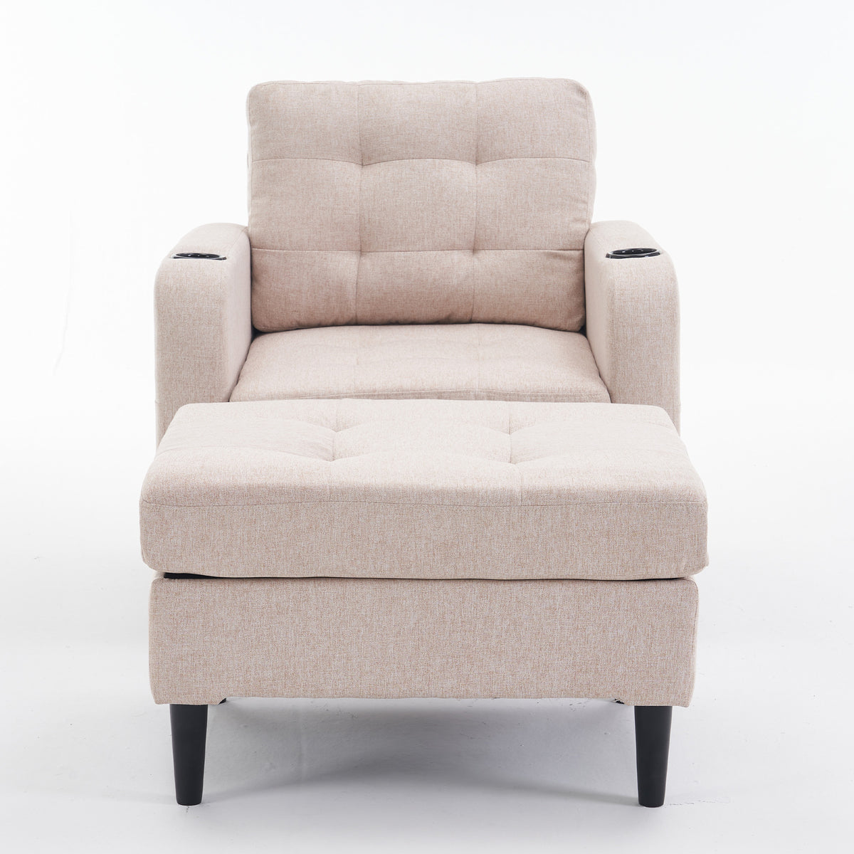Beige Upholstered Armchair And Storage Ottoman Set Comfortable Single Sofa With Cup Holders And Tufted Detailing, Ideal For Living Room Or Bedroom Beige Metal