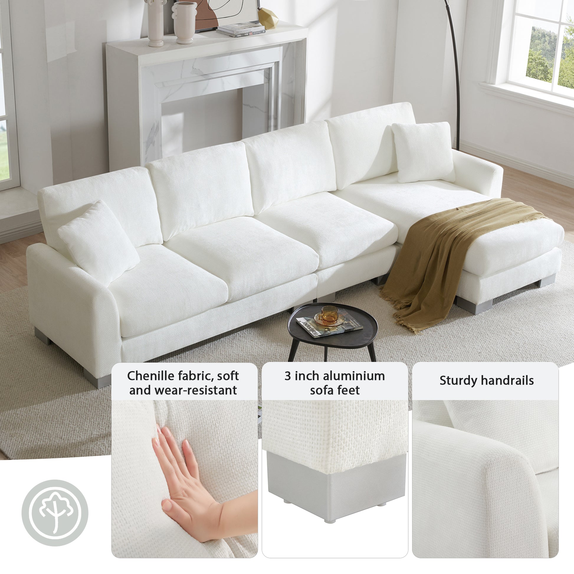 119*55" Modern Oversized Sectional Sofa,L Shaped Luxury Couch Set With 2 Free Pillows,5 Seat Chenille Indoor Furniture With Chaise For Living Room,Apartment,Office,2 Colors White Chenille
